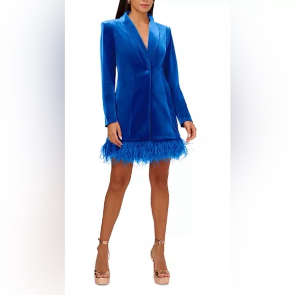 NWT Aidan by Adrianna Papell Blue Velvet with feathery finish tuxedo dress Sz 0 - Picture 1 of 7